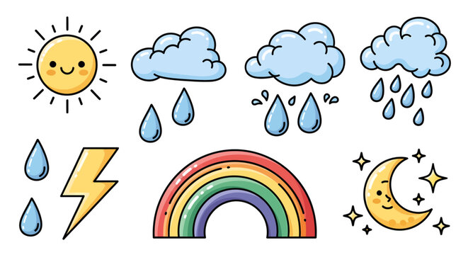 Collection of Cute Weather Icons Sun, Clouds, Rainbow, Lightning, Moon, and Raindrops