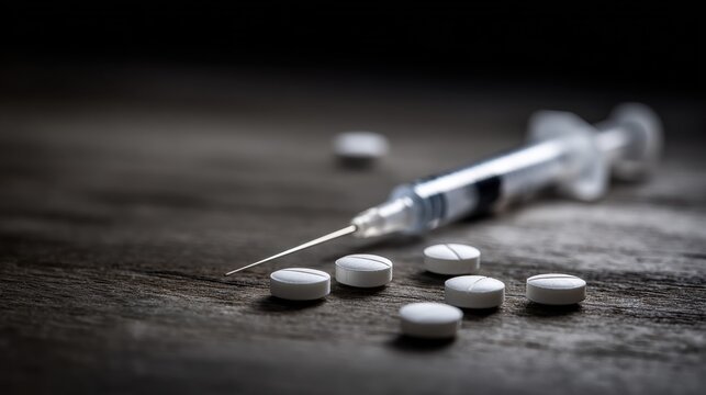 Close-up of syringe and white tablets on wooden table in low light. Overdose concept, drug misuse, addiction problem, healthcare issue, toxic intake, danger, crisis, pharmaceutical abuse