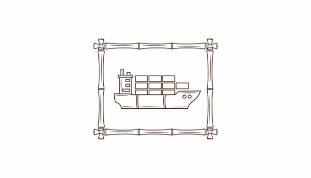 Cargo Ship Illustration Framed by Bamboo Border