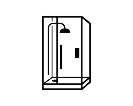 Black and white outline icon of a shower cubicle featuring a shower head and drain.
