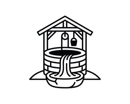 Black and white outline illustration of an artesian well with water flowing into a basin.