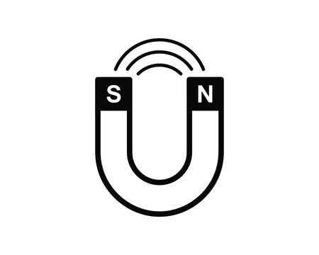 Black and white outline vector icon of a horseshoe magnet showing poles and magnetic fields.