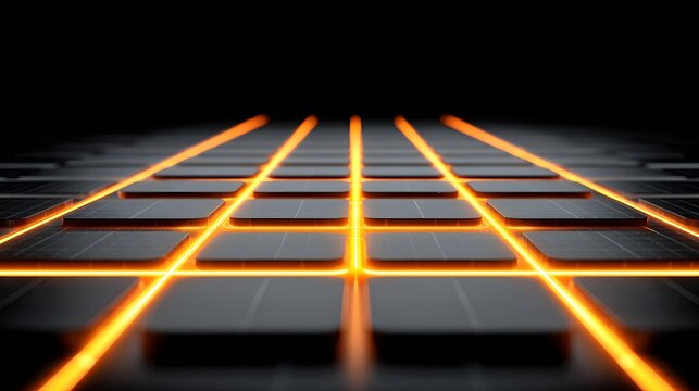 Grid of glowing orange lines on a dark background with sci fi, abstract