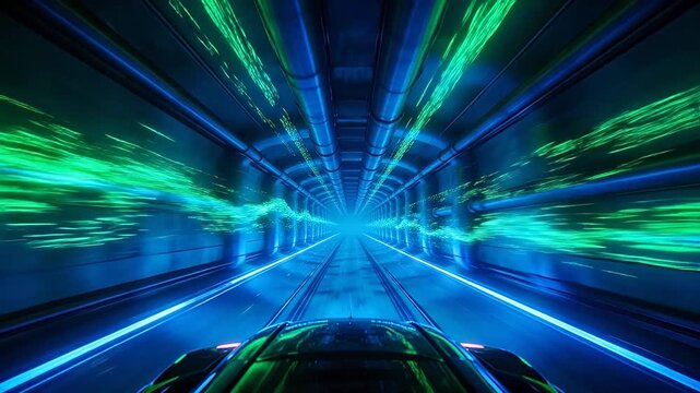 Futuristic subway tunnel with neon lights and high speed motion blur