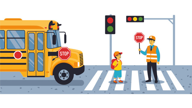 Illustration of a school bus stopped at a crosswalk with a child and a crossing guard holding stop signs.