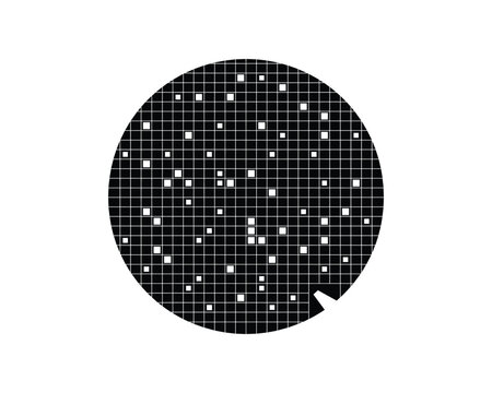 Black circular wafer diagram with a grid, scattered white squares, and a distinct notch.