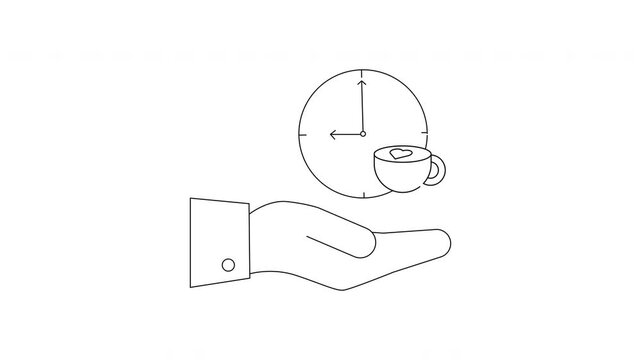 Hand holding clock and coffee cup icon line art.