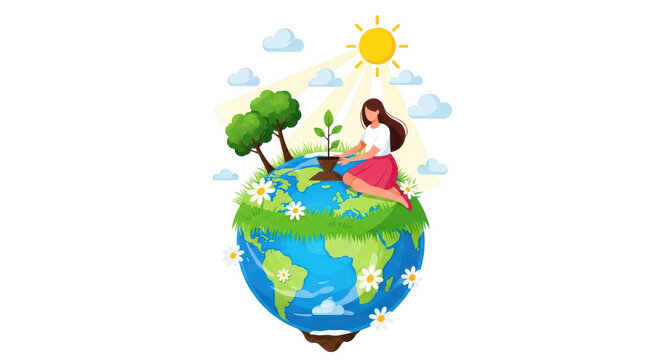 Woman planting a sapling on a green earth globe under bright sun, isolated on transparent background