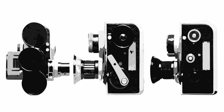 Exploded view of a vintage super 8 film camera sketched in monochrome