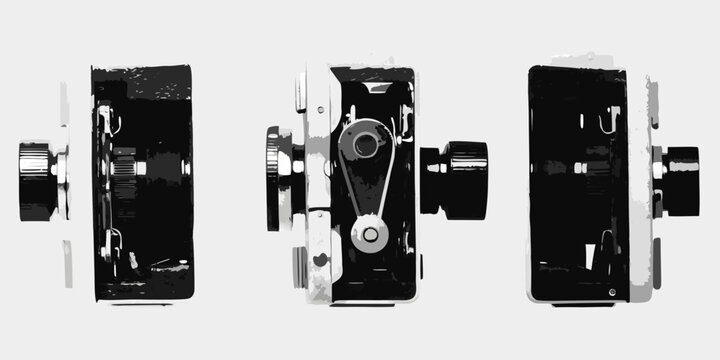 A stylized illustration of three vintage film reel components