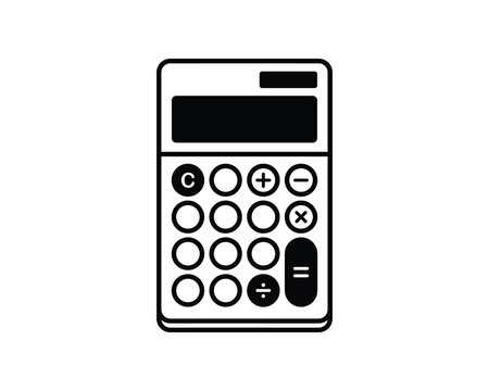 Black outline calculator vector icon graphic. This line art digital device illustrates basic arithmetic.