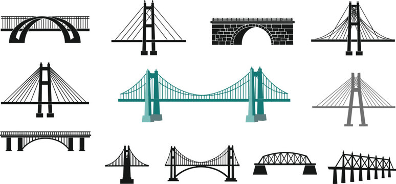 Bridge icon set featuring suspension, arch and truss bridge designs in silhouette and flat styles isolated on light background