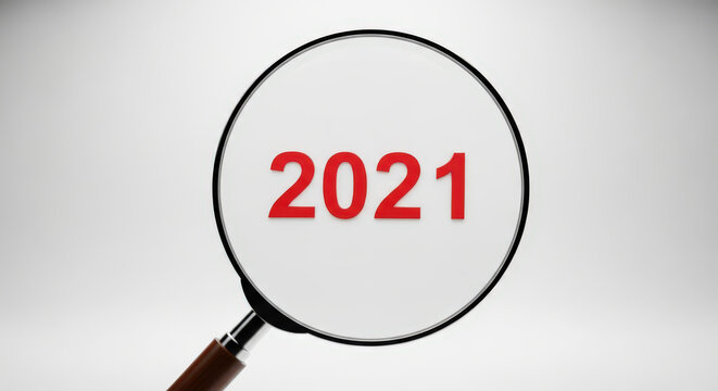 Focus on 2021 Achievement Year End Review Magnifying Glass Zoom in Numbers Red Figures White Background Isolated