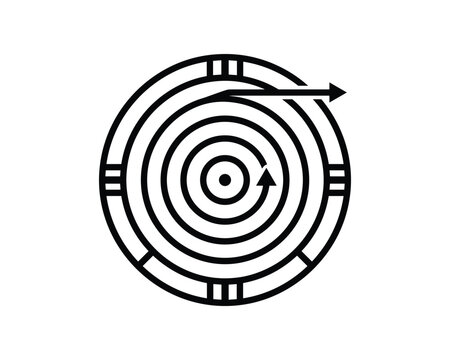 Black outline icon of a cyclotron particle accelerator illustrating spiral and linear motion.