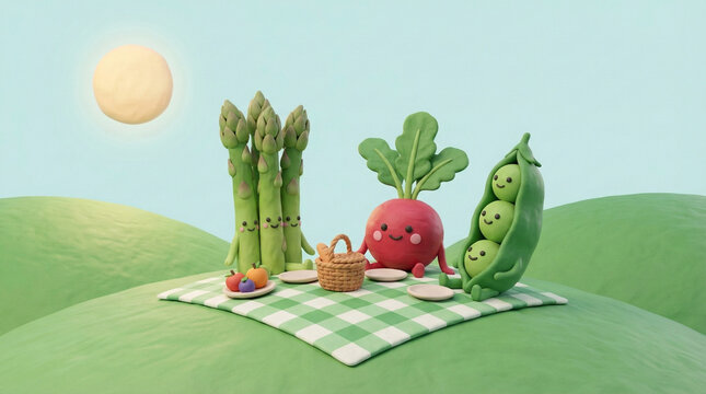 Cute 3D claymation illustration of spring vegetable characters having a picnic