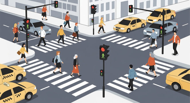 Busy City Street Intersection with Pedestrians and Taxis.