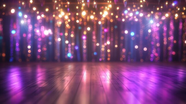 A dimly lit wooden floor reflects vibrant bokeh lights and shimmering strands, creating a festive party atmosphere