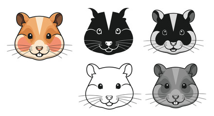 Fototapeta premium Collection of five hamster head icons shown in various different graphic styles including color, silhouette, and line art.