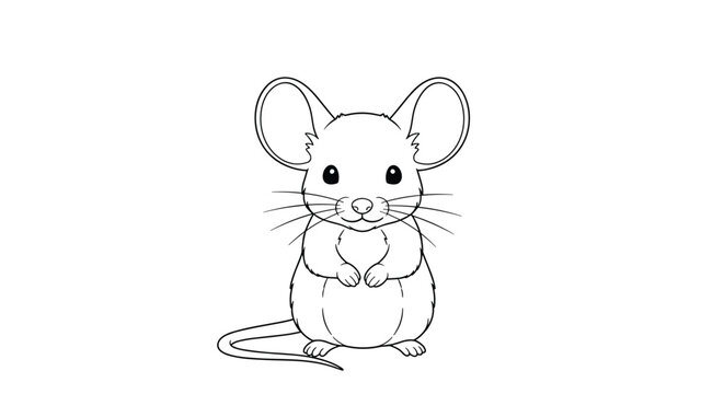 Simple black and white line art illustration of a cute little mouse standing on its hind legs with long whiskers and tail.