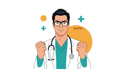 Fototapeta premium Angry male doctor in a white medical coat clenches his fists and shows a frustrated expression against a simple background.