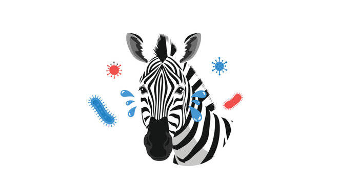 Zebra head is surrounded by various colorful virus and bacteria icons representing concepts of disease, health, or immunity.