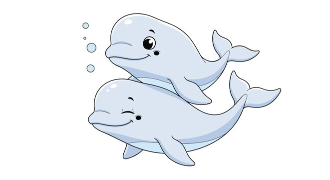 Pair of cute beluga whales swim together in the ocean with one winking playfully amidst rising air bubbles in a cartoon style.