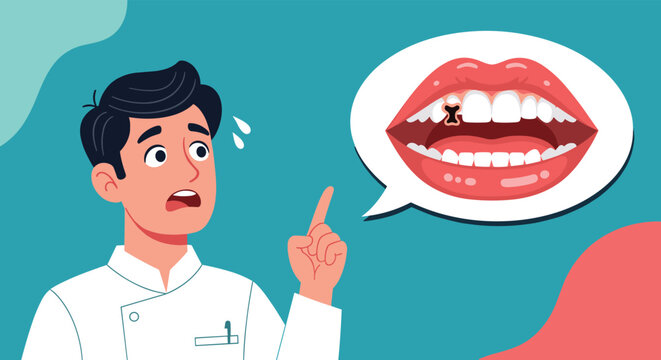 Concerned dentist points toward a thought bubble showing a tooth with a large cavity to explain dental hygiene and problems.