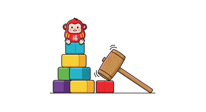 Cute red monkey character in a daruma costume sits on top of a colorful block tower as a wooden hammer approaches the base.