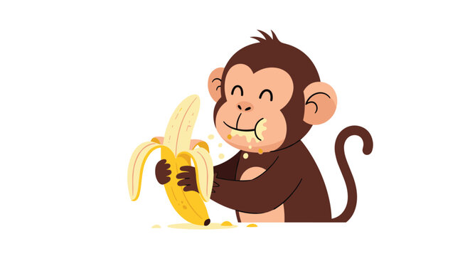 Happy cartoon monkey enjoys eating a banana with crumbs on its face in a cheerful and simple vector art illustration.