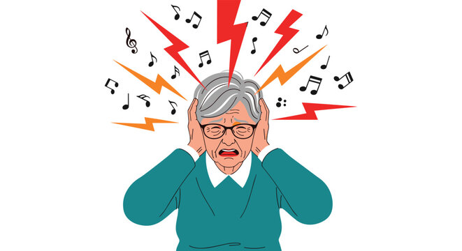 Stressed elderly woman with gray hair covering her ears with both hands to block out loud music or noise represented by red lightning bolts.