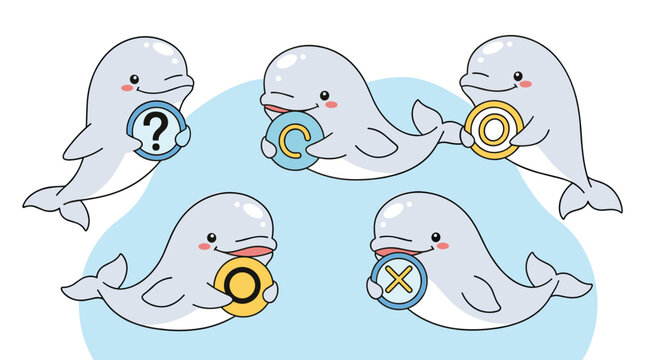 Group of cute cartoon dolphins holding circular signs with question mark, letter c, circle, and cross symbols for education.