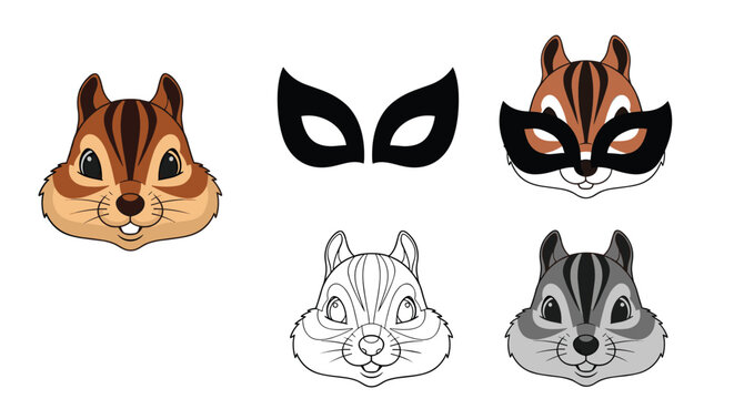 Chipmunk head icons set featuring realistic color drawing, simple outline, grayscale version, and a black superhero mask.