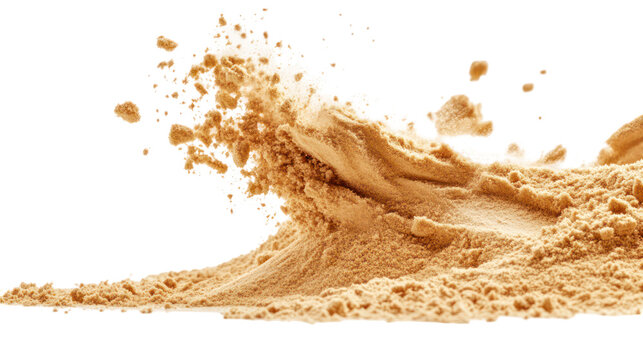 A wave of brown powder exploding against a black background on transparent background