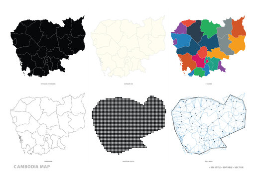 Cambodia map collection with provincial borders in detailed, simplified, colored, wireframe, halftone, and polymesh styles.