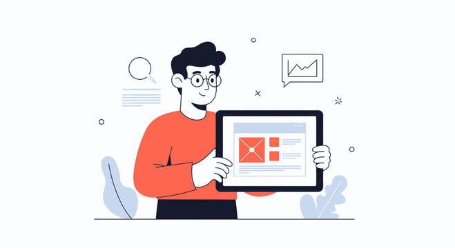 Man holding tablet showing website design with analytics graph, business concept