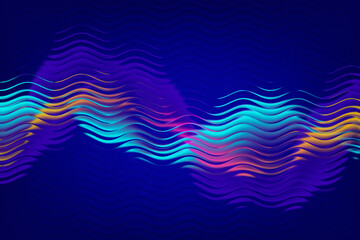 Abstract blue and turquoise ribbed glass wave background with vibrant light curves, horizontal ripple distortion and glowing liquid flow © Nadezhda