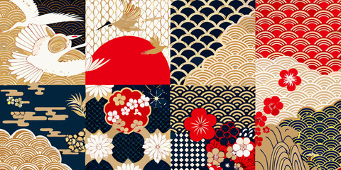 Japanese inspired seamless patterns featuring birds flowers and waves © KrishnaPada