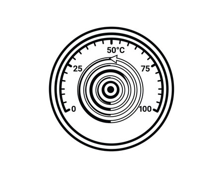 Circular bimetallic strip thermometer dial graphic indicating 50&deg;C temperature setting.