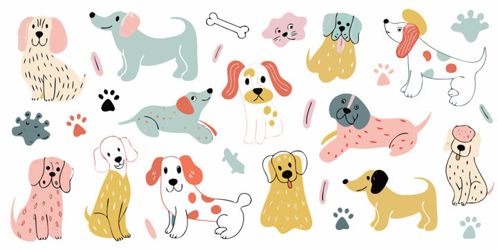 Collection of colorful doodle style dogs with bones and paw prints