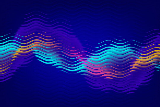 Abstract blue and turquoise ribbed glass wave background with vibrant light curves, horizontal ripple distortion and glowing liquid flow