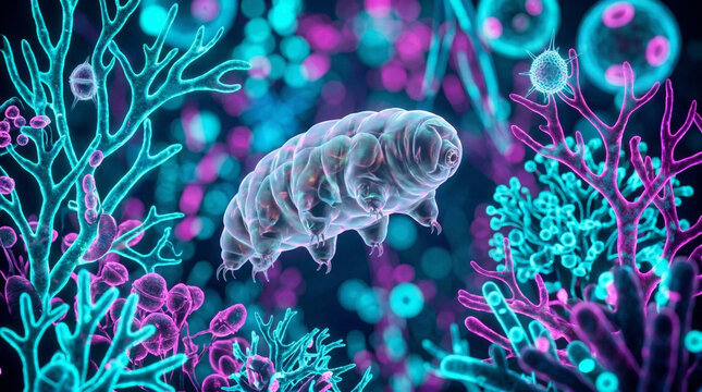 Bioluminescent Microscopic Organism in a Glowing Neon Cellular Ecosystem