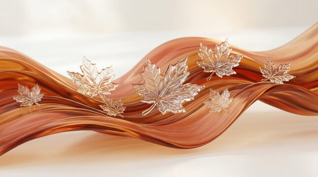 Abstract Fluid Waves in Autumn Colors with Glass Leaves