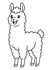 Fototapeta premium Smiling Llama Outline: A charming cartoon llama, rendered in a simple outline, with a joyful expression and fluffy wool. A symbol of friendliness and approachability.
