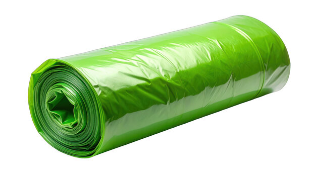 Rolled up bright green plastic trash bags for waste disposal, refuse collection, and household cleanup tasks, isolated on a clean white background
