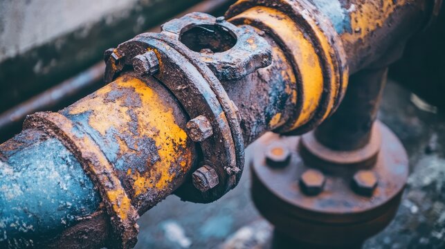 Close up of heavily rusted industrial piping with bolts and flanges showing textures of decay and corrosion in soft light.