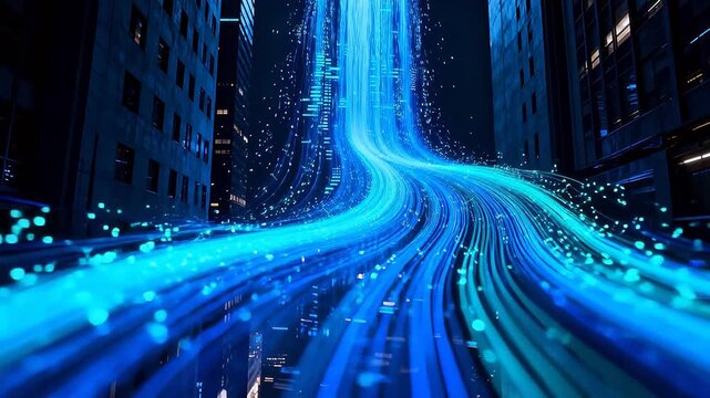 Blue spiral light ribbon flowing through city street at night
