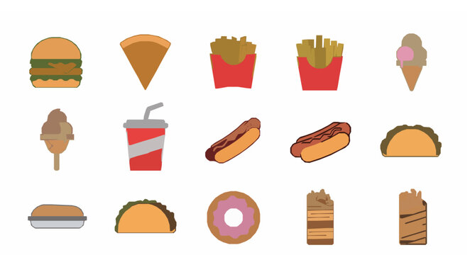 Fast Food Icons Set &ndash; Burger, Pizza, Fries, Cola, Donut and Shawarma Vector