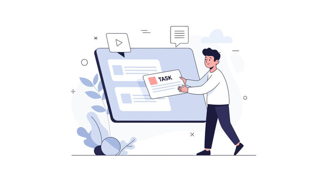 Man organizing tasks on a digital board, business productivity concept illustration