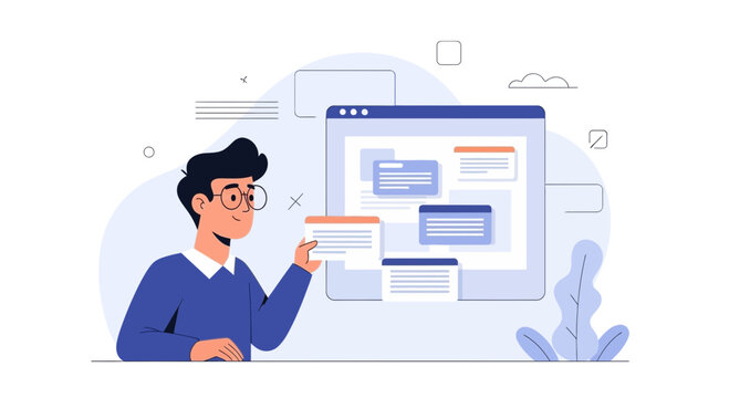 Man organizing website content on a digital interface, web design concept