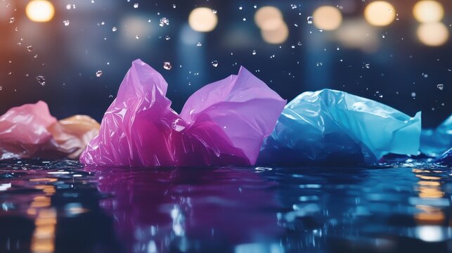 Colorful plastic bags float on the water surface near an urban riverbank, symbolizing environmental pollution